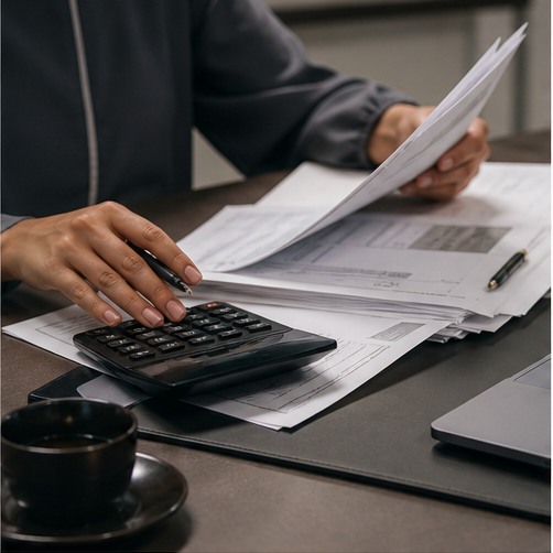 Professional reviewing invoices and calculations