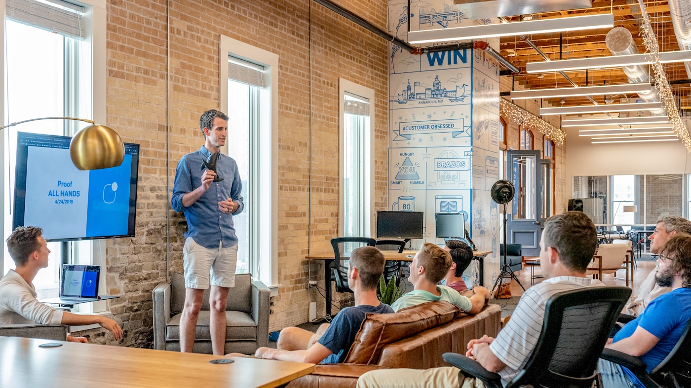 Business team reviewing a strategic presentation